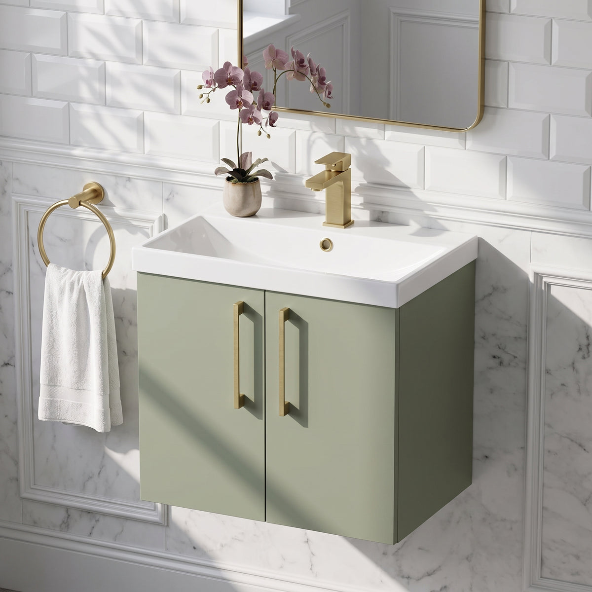 Fairford Aspri Satin Green 600mm 2 Door Wall Hung Vanity Unit
