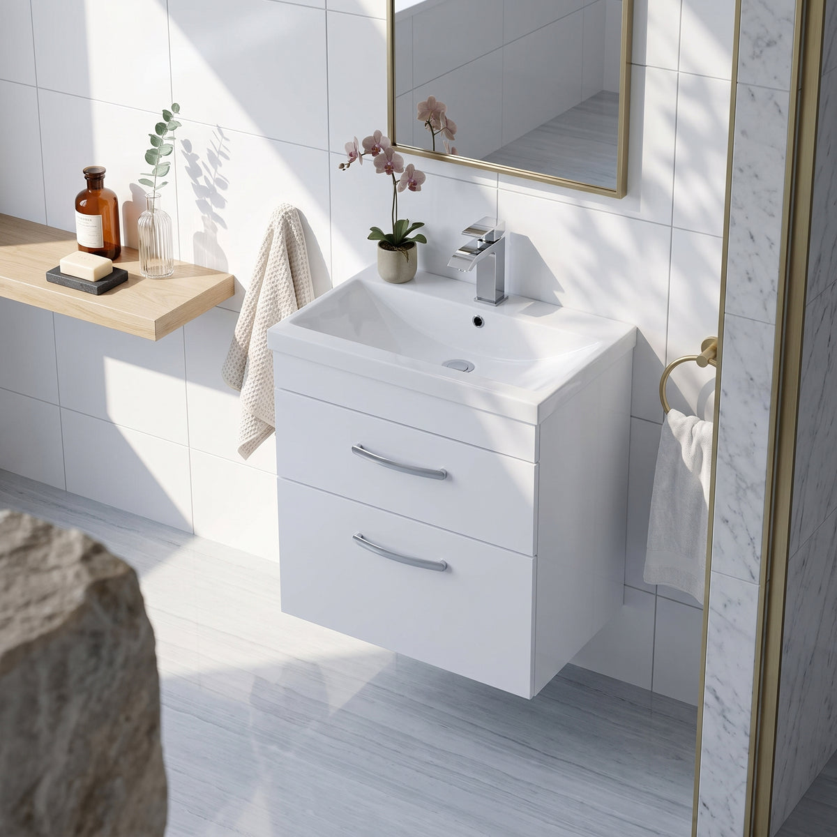 Fairford Carnation 600mm Gloss White Wall Hung 2 Drawer Vanity Unit