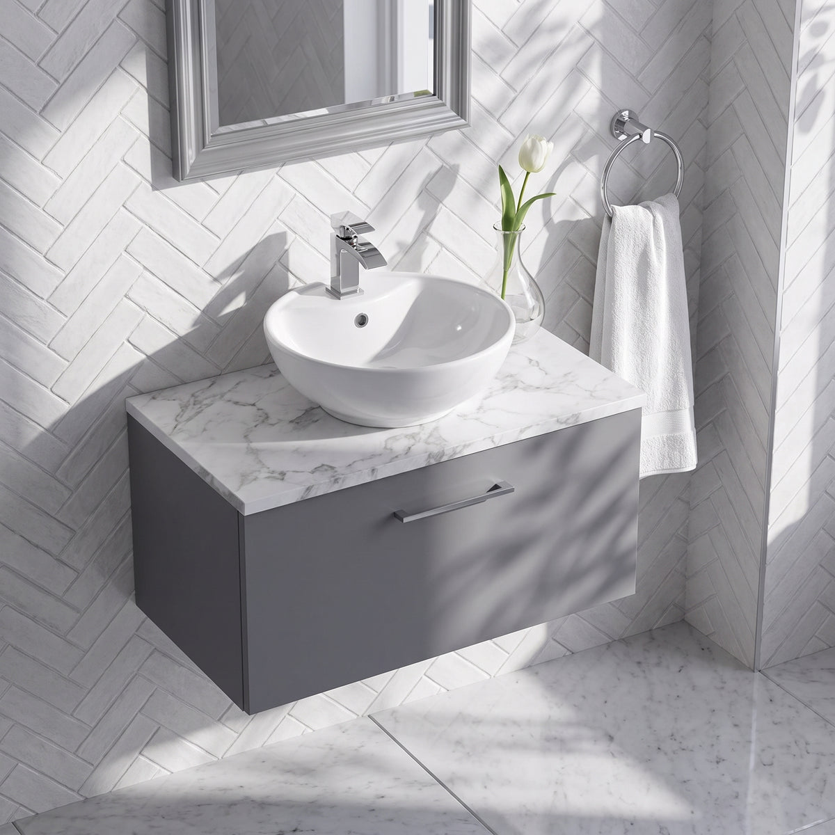 Fairford Aspri Satin Grey 800mm 1 Drawer Wall Hung Vanity Unit with Worktop
