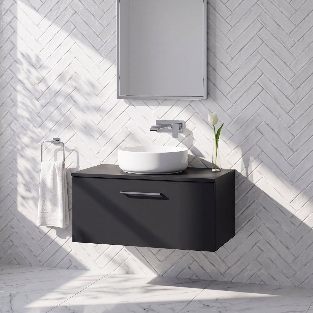 Fairford Aspri Soft Black 600mm 1 Drawer Wall Hung Vanity Unit with Worktop