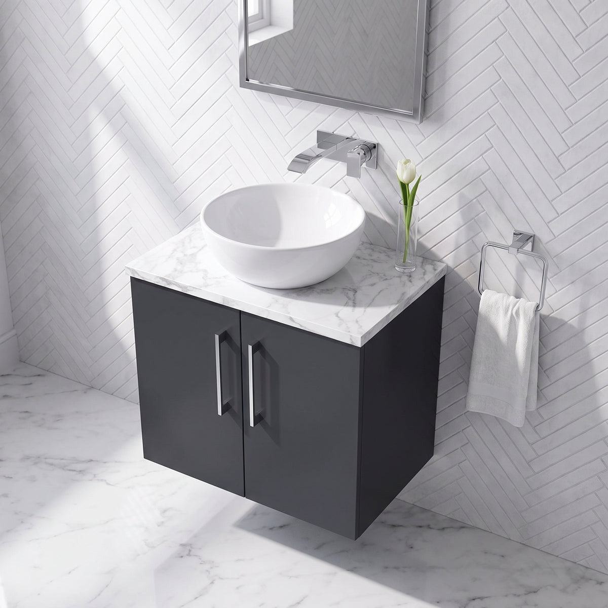 Fairford Aspri Soft Black 600mm 2 Door Wall Hung Vanity Unit with Worktop