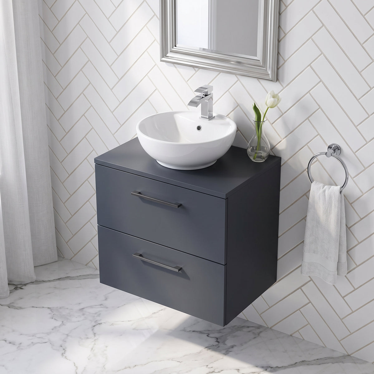 Fairford Aspri Soft Black 600mm 2 Drawer Wall Hung Vanity Unit with Worktop