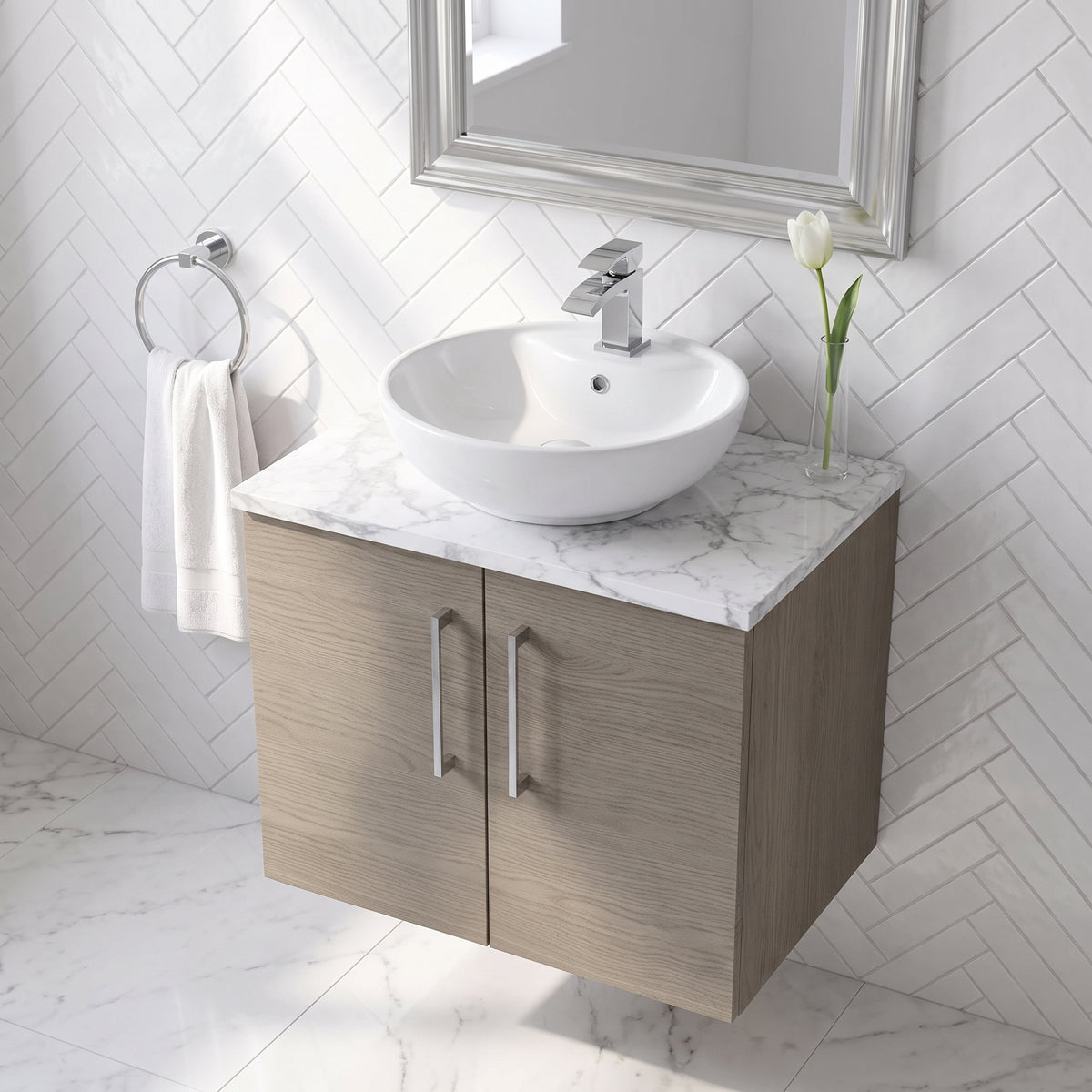 Fairford Aspri Solace Oak 600mm 2 Door Wall Hung Vanity Unit with Worktop