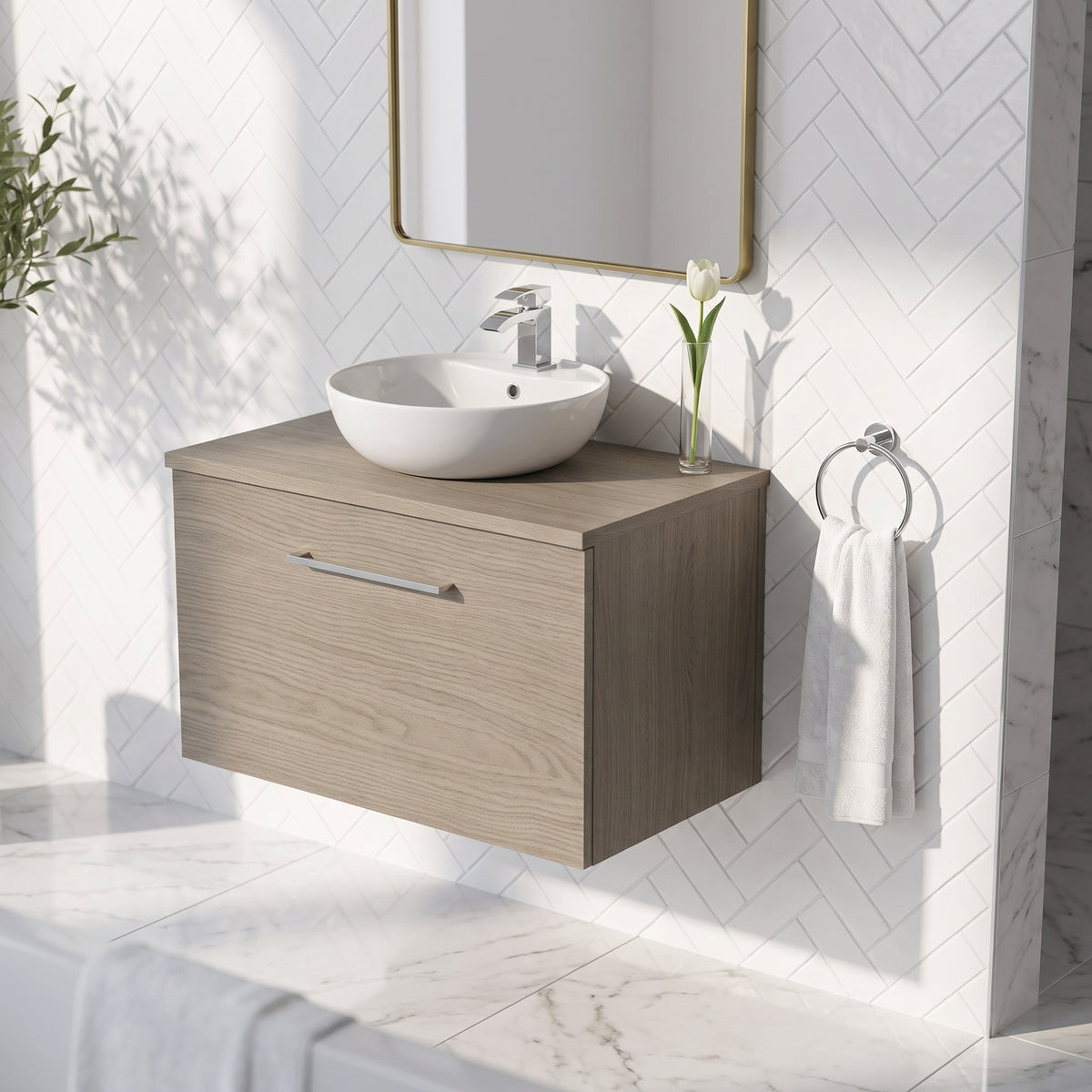Fairford Aspri Solace Oak 800mm 1 Drawer Wall Hung Vanity Unit with Worktop