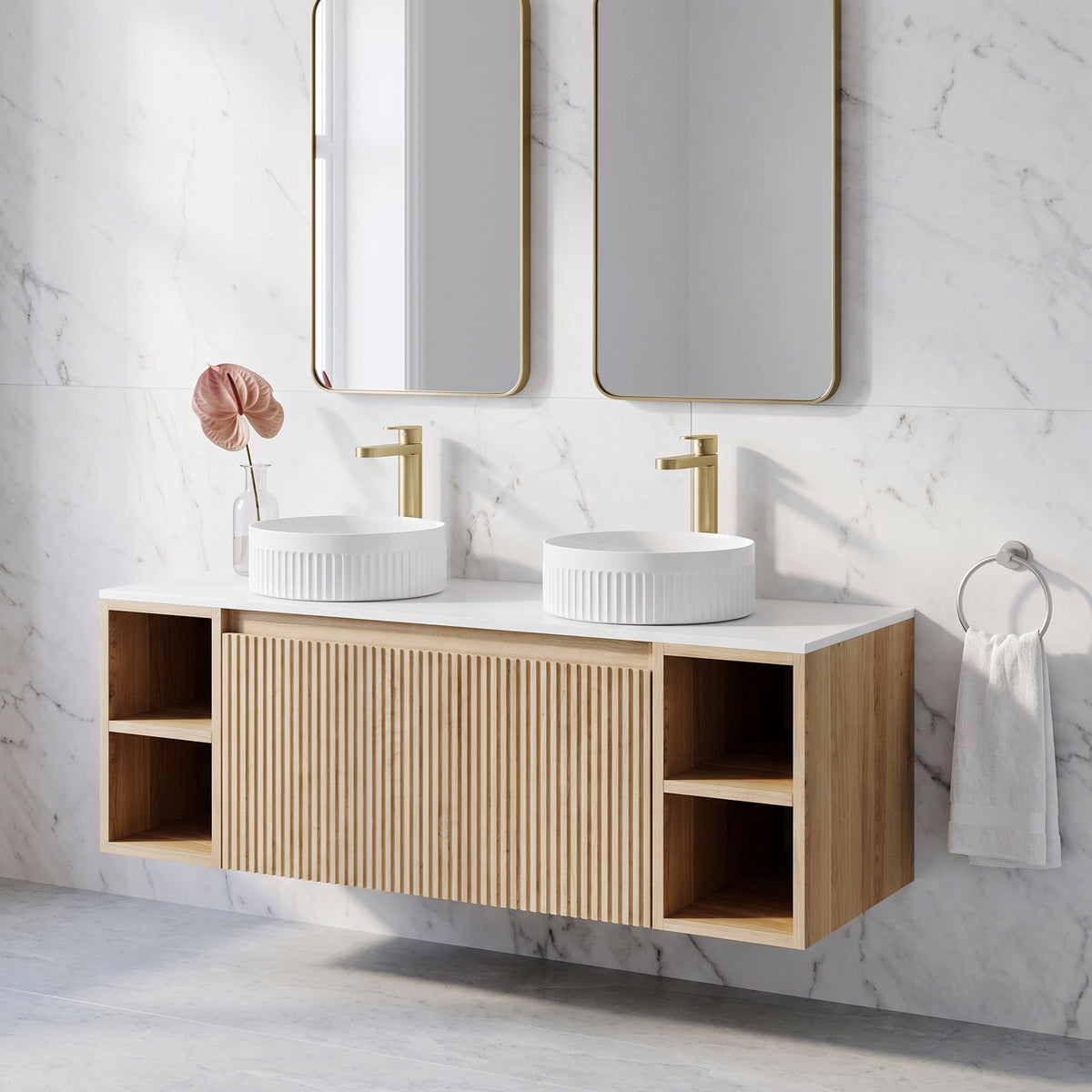 Fairford Sophia Country Oak 1000mm Wall Hung Vanity Unit with Double Storage and Worktop