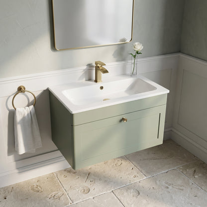 Fairford Laurel Satin Green 800mm 1 Drawer Wall Hung Vanity Unit with Stone Basin