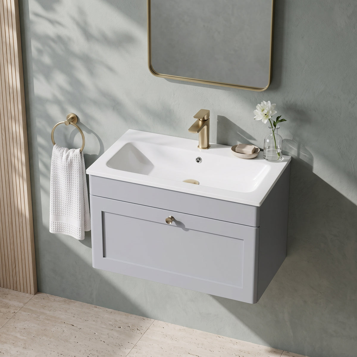 Fairford Laurel Satin Grey 800mm 1 Drawer Wall Hung Vanity Unit with Stone Basin