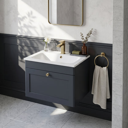 Fairford Laurel Soft Black 600mm 1 Drawer Wall Hung Vanity Unit with Stone Basin