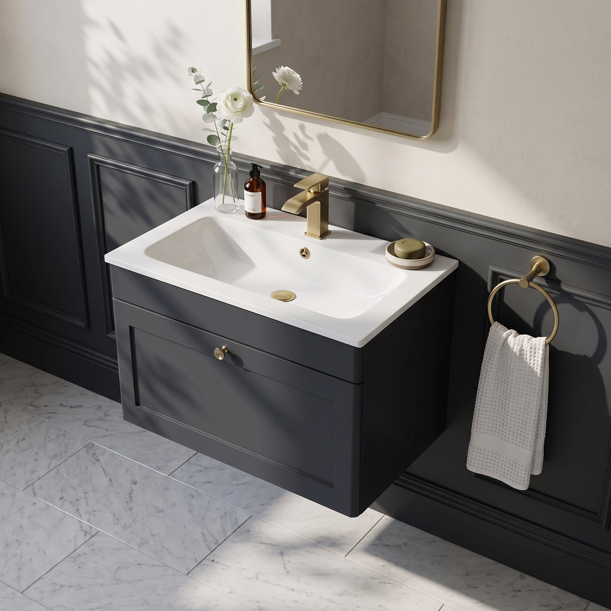 Fairford Laurel Soft Black 800mm 1 Drawer Wall Hung Vanity Unit with Stone Basin