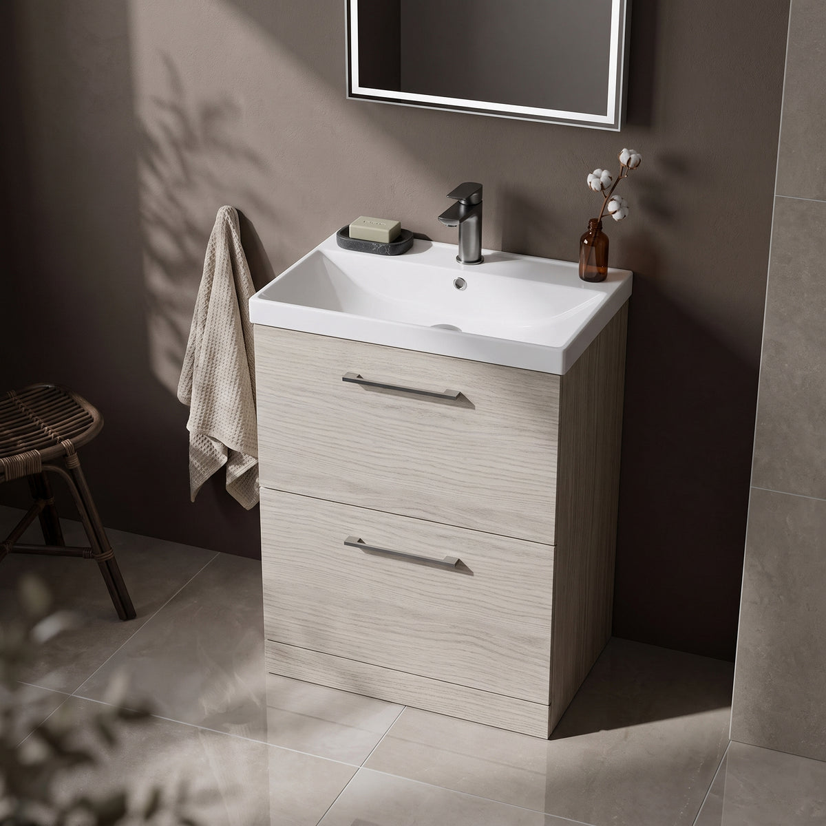 Fairford Aspri 600mm Solace Oak 2-Drawer Floorstanding Vanity Unit