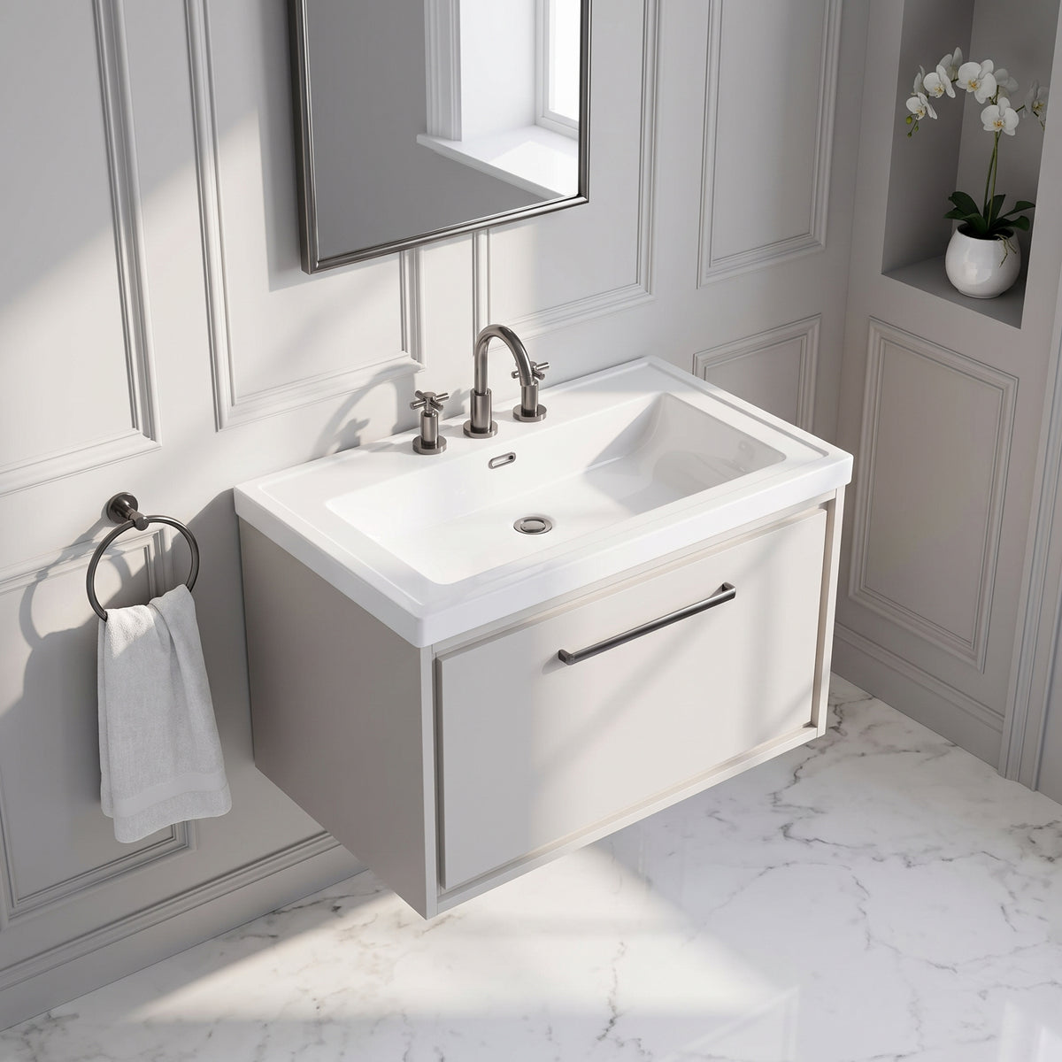 Fairford Tisse Pebble Grey 800mm 1 Drawer Wall Hung Vanity Unit with 3 Tap Hole Basin