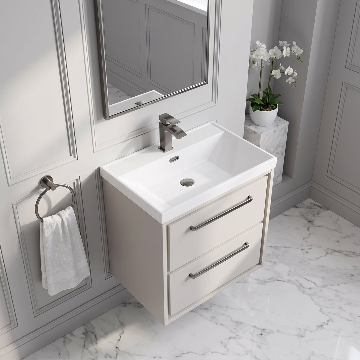 Fairford Tisse Pebble Grey 600mm 2 Drawer Wall Hung Vanity Unit with Thin Edged Basin