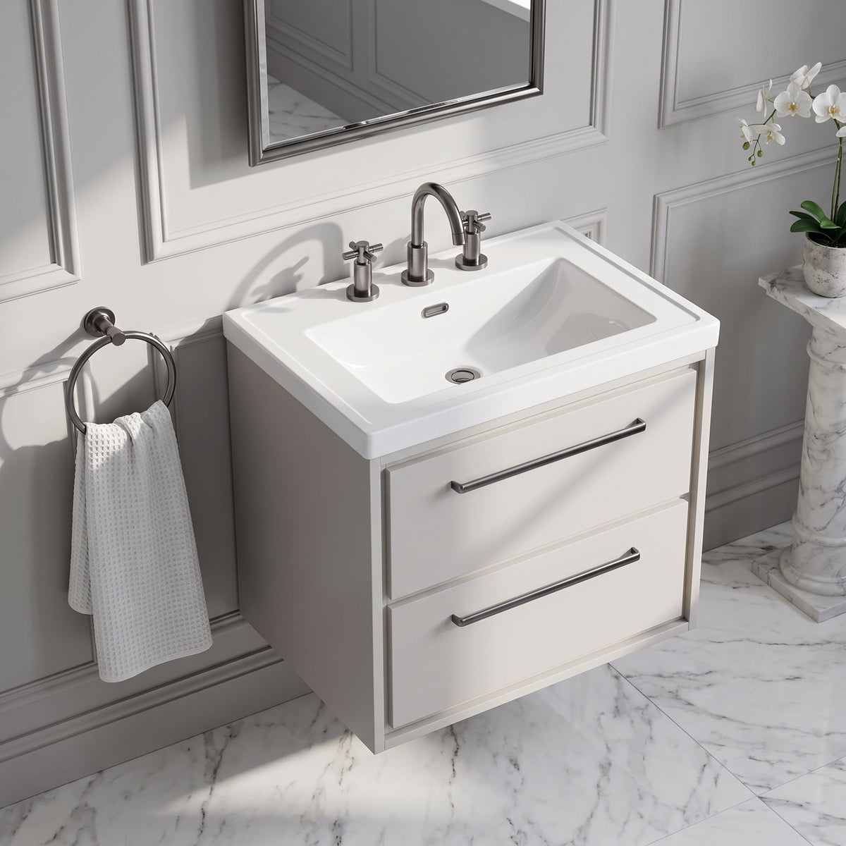 Fairford Tisse Pebble Grey 600mm 2 Drawer Wall Hung Vanity Unit with 3 Tap Hole Basin