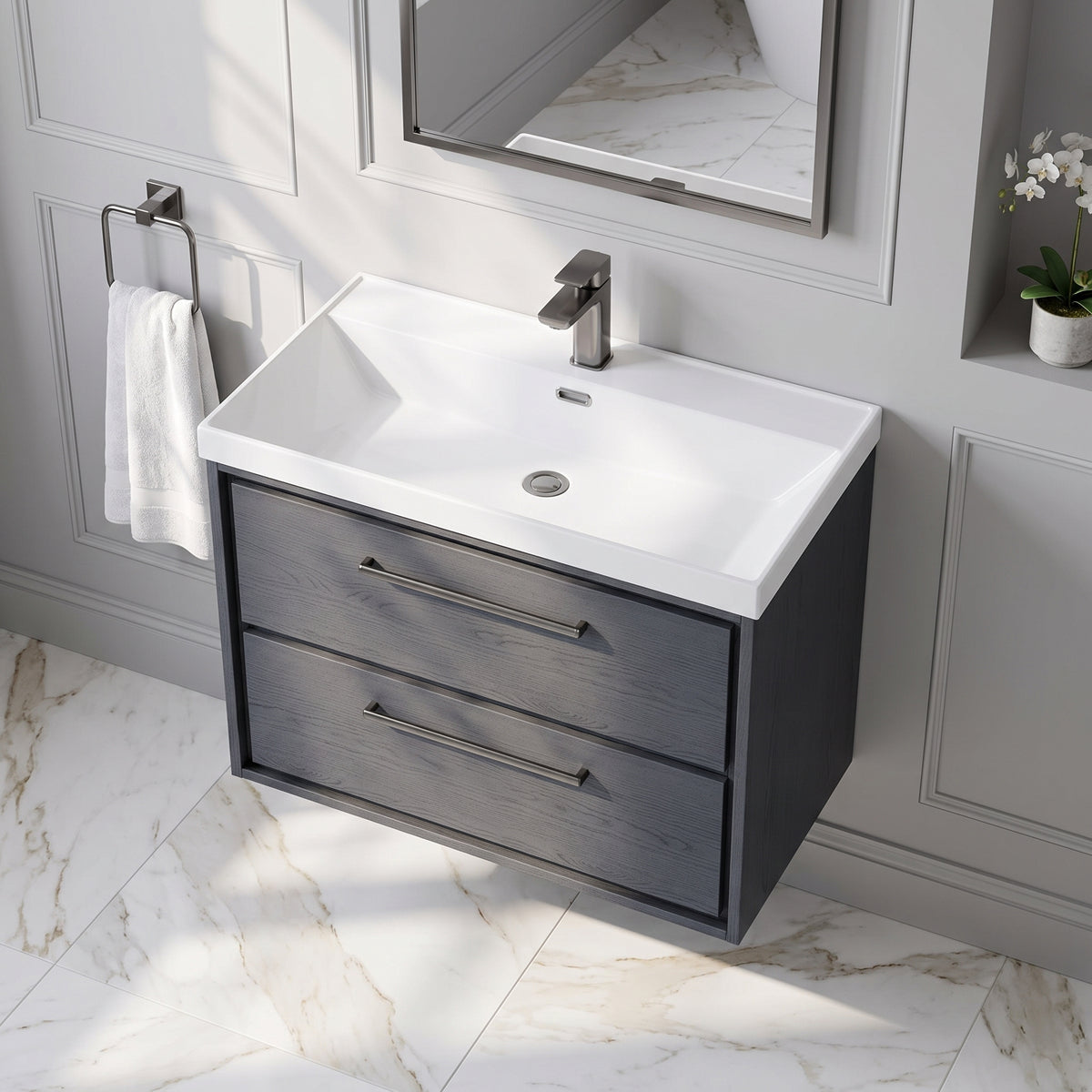 Fairford Tisse Graphite Grey Woodgrain 800mm 2 Drawer Wall Hung Vanity Unit with Thin Edged Basin