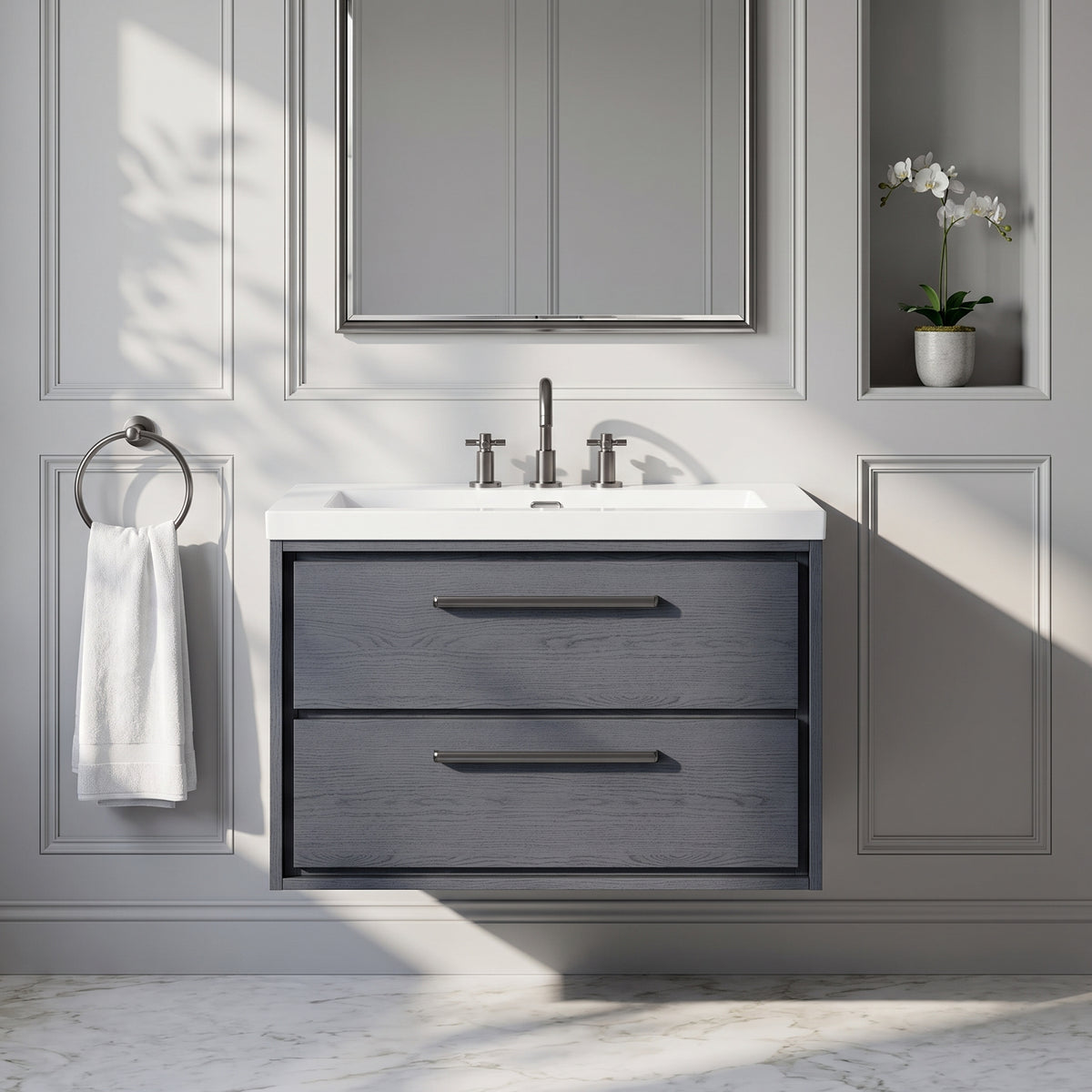 Fairford Tisse Graphite Grey Woodgrain 800mm 2 Drawer Wall Hung Vanity Unit with 3 Tap Hole Basin