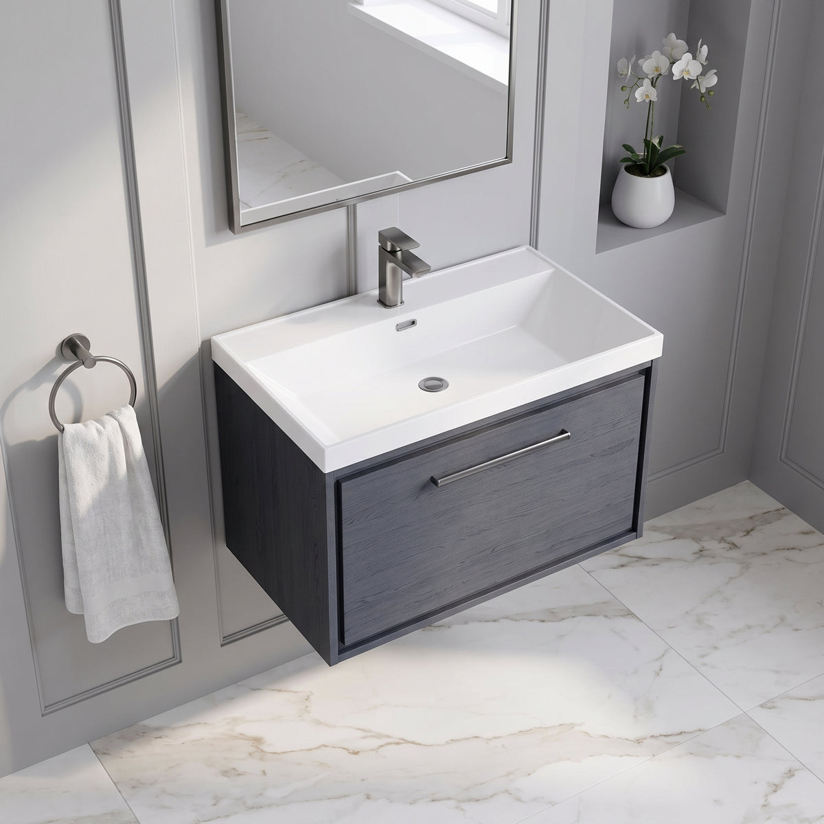 Fairford Tisse Graphite Grey Woodgrain 800mm 1 Drawer Wall Hung Vanity Unit with Thin Edged Basin