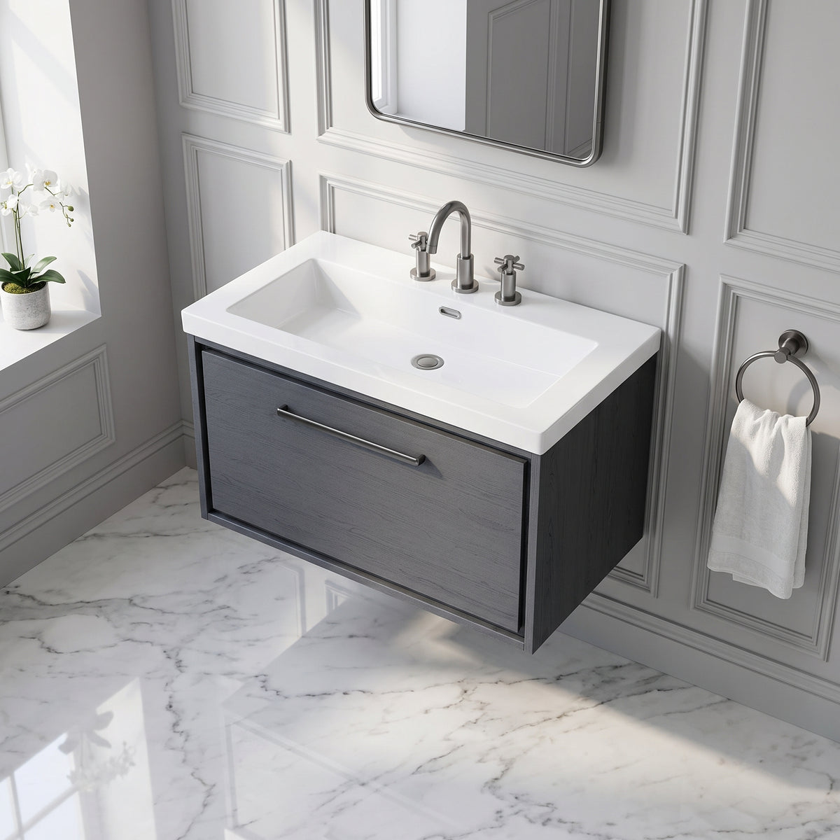 Fairford Tisse Graphite Grey Woodgrain 800mm 1 Drawer Wall Hung Vanity Unit with 3 Tap Hole Basin