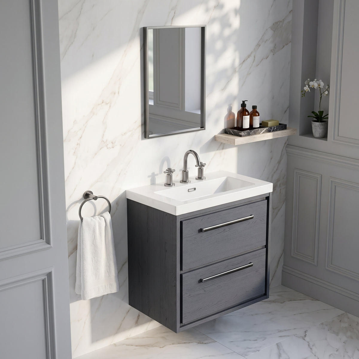 Fairford Tisse Graphite Grey Woodgrain 600mm 2 Drawer Wall Hung Vanity Unit with 3 Tap Hole Basin
