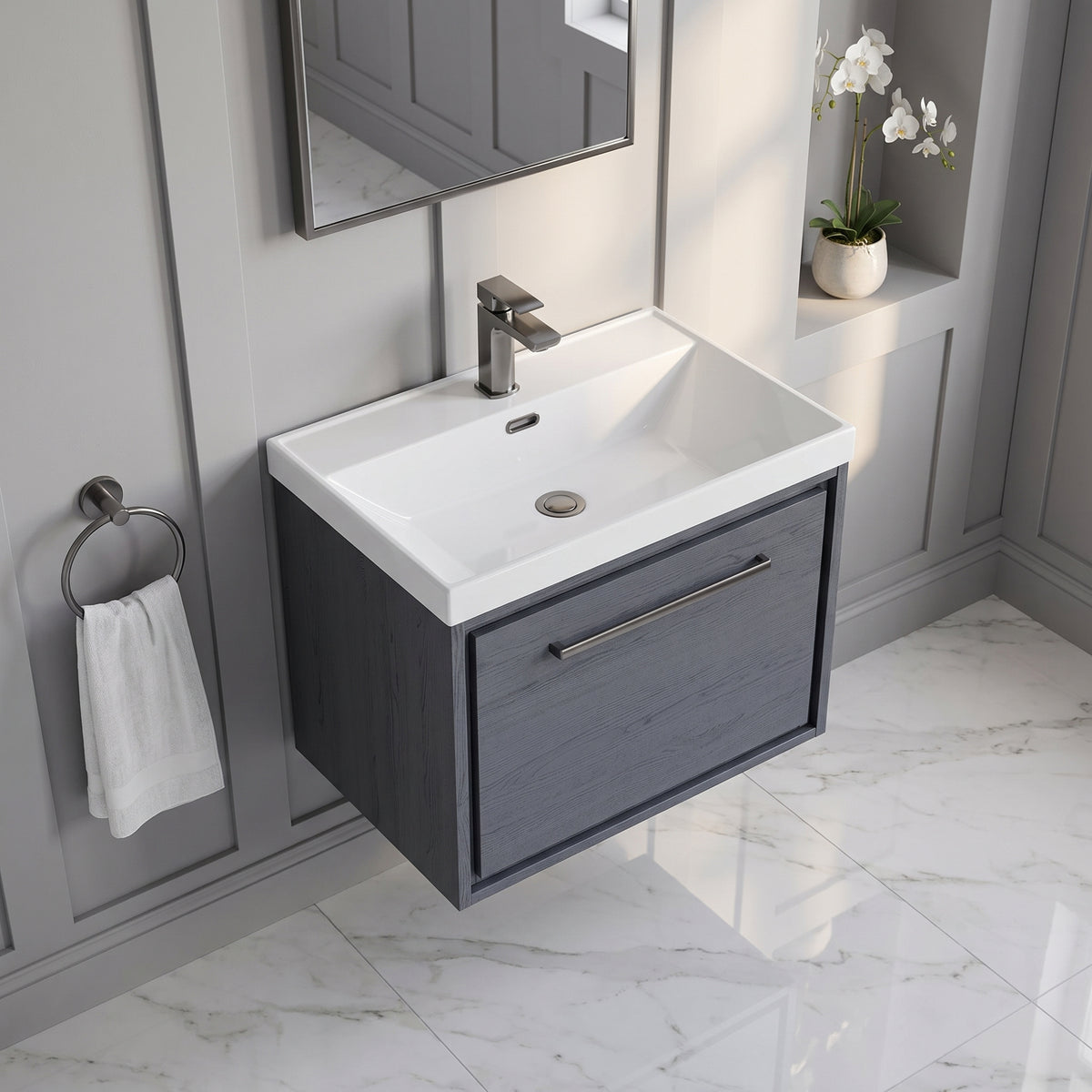 Fairford Tisse Graphite Grey Woodgrain 600mm 1 Drawer Wall Hung Vanity Unit with Thin Edged Basin