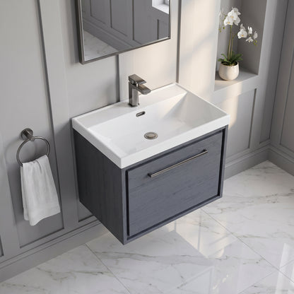 Fairford Tisse Graphite Grey Woodgrain 600mm 1 Drawer Wall Hung Vanity Unit with Thin Edged Basin