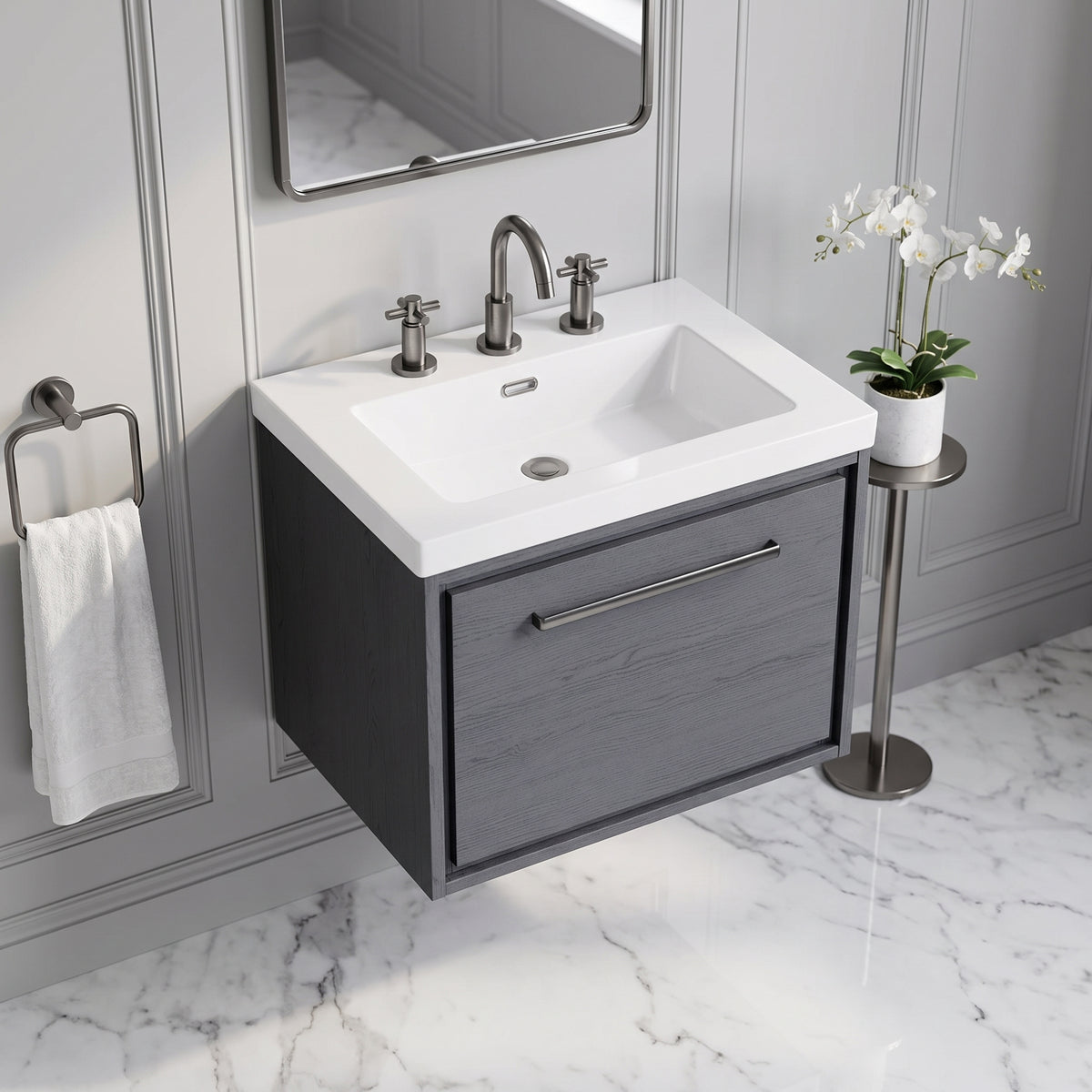 Fairford Tisse Graphite Grey Woodgrain 600mm 1 Drawer Wall Hung Vanity Unit with 3 Tap Hole Basin