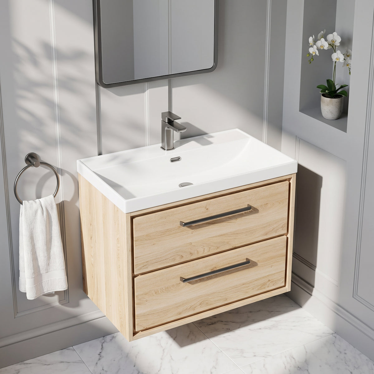 Fairford Tisse Bleached Oak 800mm 2 Drawer Wall Hung Vanity Unit with Thin Edged Basin