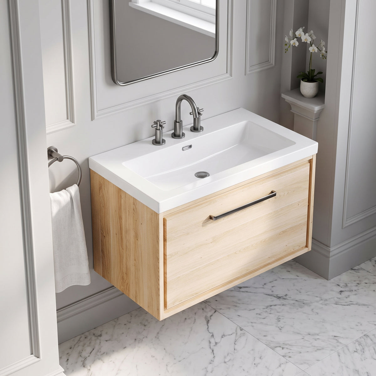 Fairford Tisse Bleached Oak 800mm 1 Drawer Wall Hung Vanity Unit with 3 Tap Hole Basin