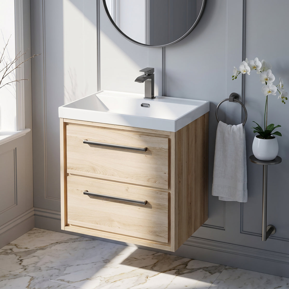 Fairford Tisse Bleached Oak 600mm 2 Drawer Wall Hung Vanity Unit with Thin Edged Basin