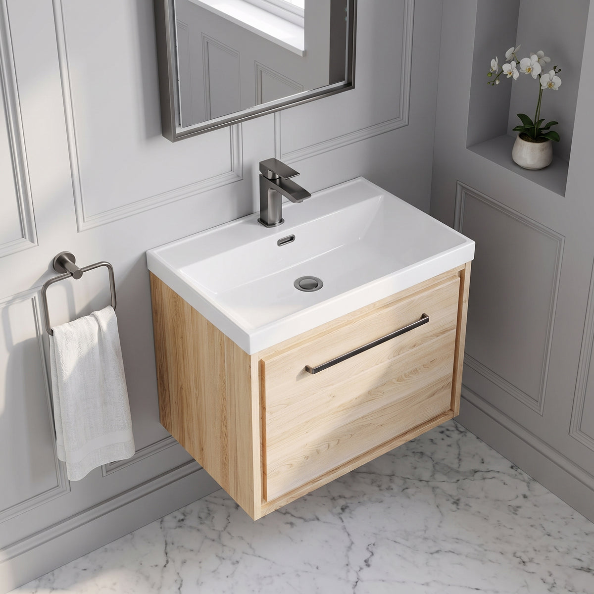 Fairford Tisse Bleached Oak 600mm 1 Drawer Wall Hung Vanity Unit with Thin Edged Basin