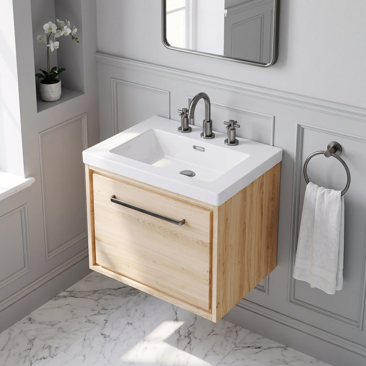 Fairford Tisse Bleached Oak 600mm 1 Drawer Wall Hung Vanity Unit with 3 Tap Hole Basin