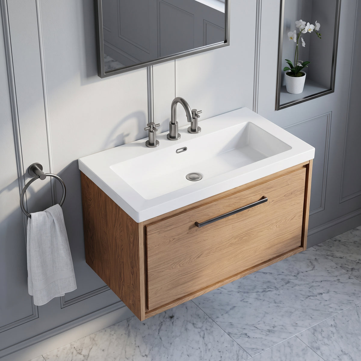 Fairford Tisse Antique Oak 800mm 1 Drawer Wall Hung Vanity Unit with 3 Tap Hole Basin