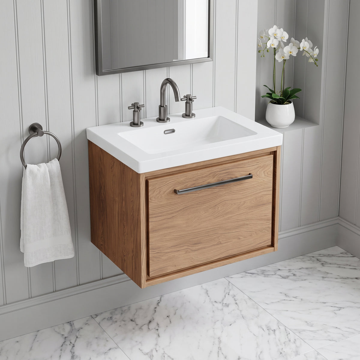 Fairford Tisse Antique Oak 600mm 1 Drawer Wall Hung Vanity Unit with 3 Tap Hole Basin