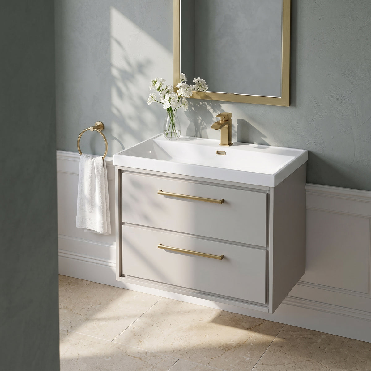Fairford Tisse Pebble Grey 800mm 2 Drawer Wall Hung Vanity Unit with Thin Edged Basin