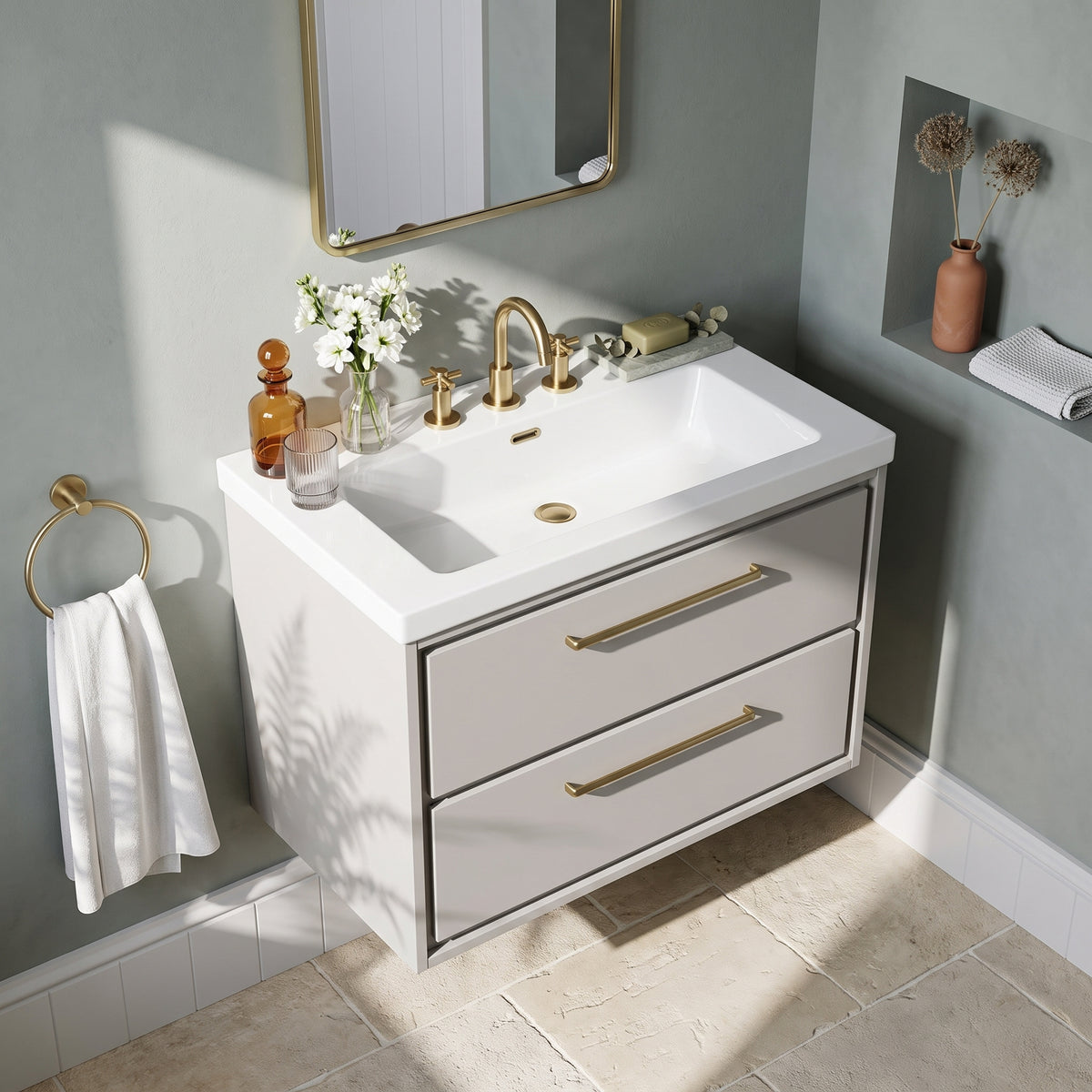 Fairford Tisse Pebble Grey 800mm 2 Drawer Wall Hung Vanity Unit with 3 Tap Hole Basin