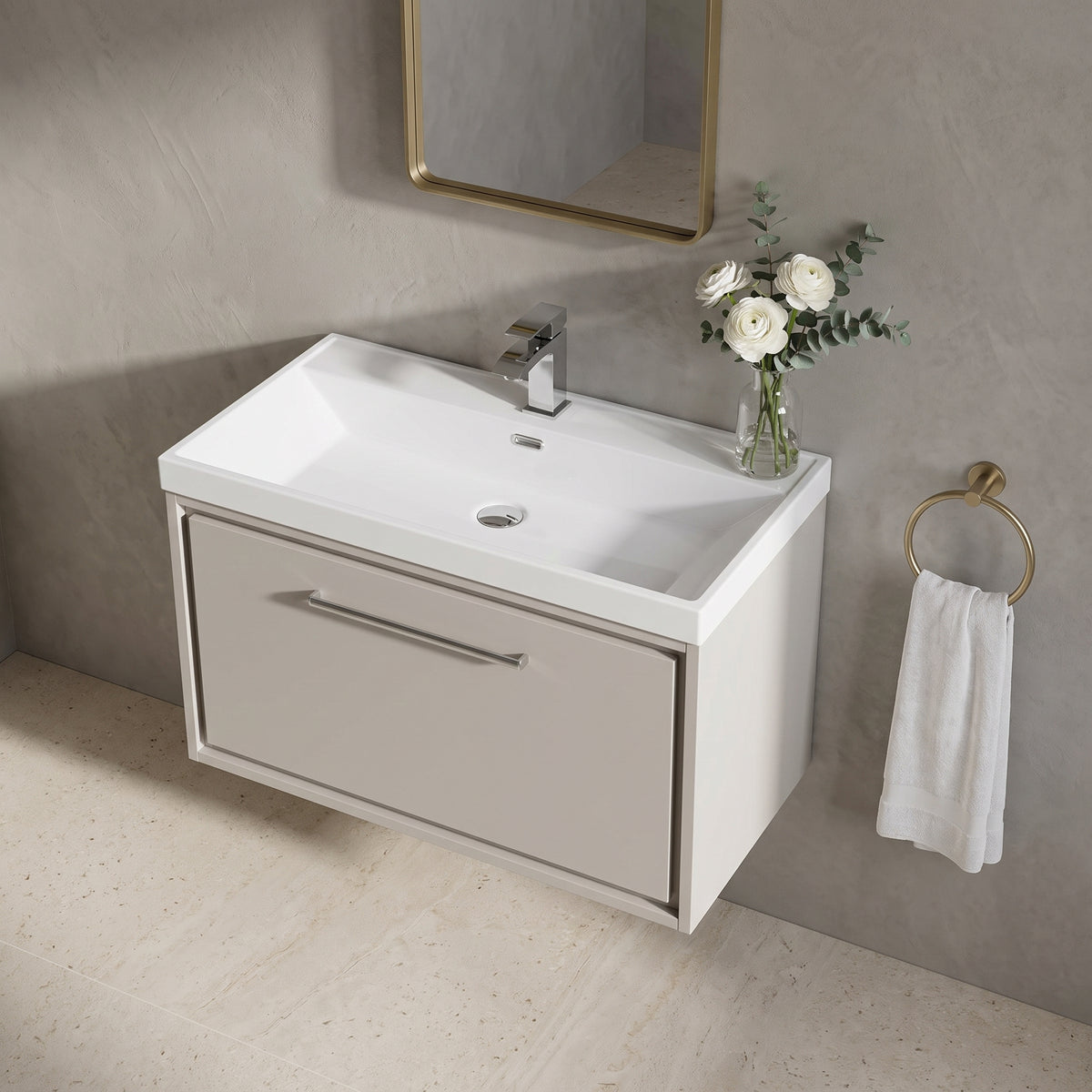 Fairford Tisse Pebble Grey 800mm 1 Drawer Wall Hung Vanity Unit with Thin Edged Basin