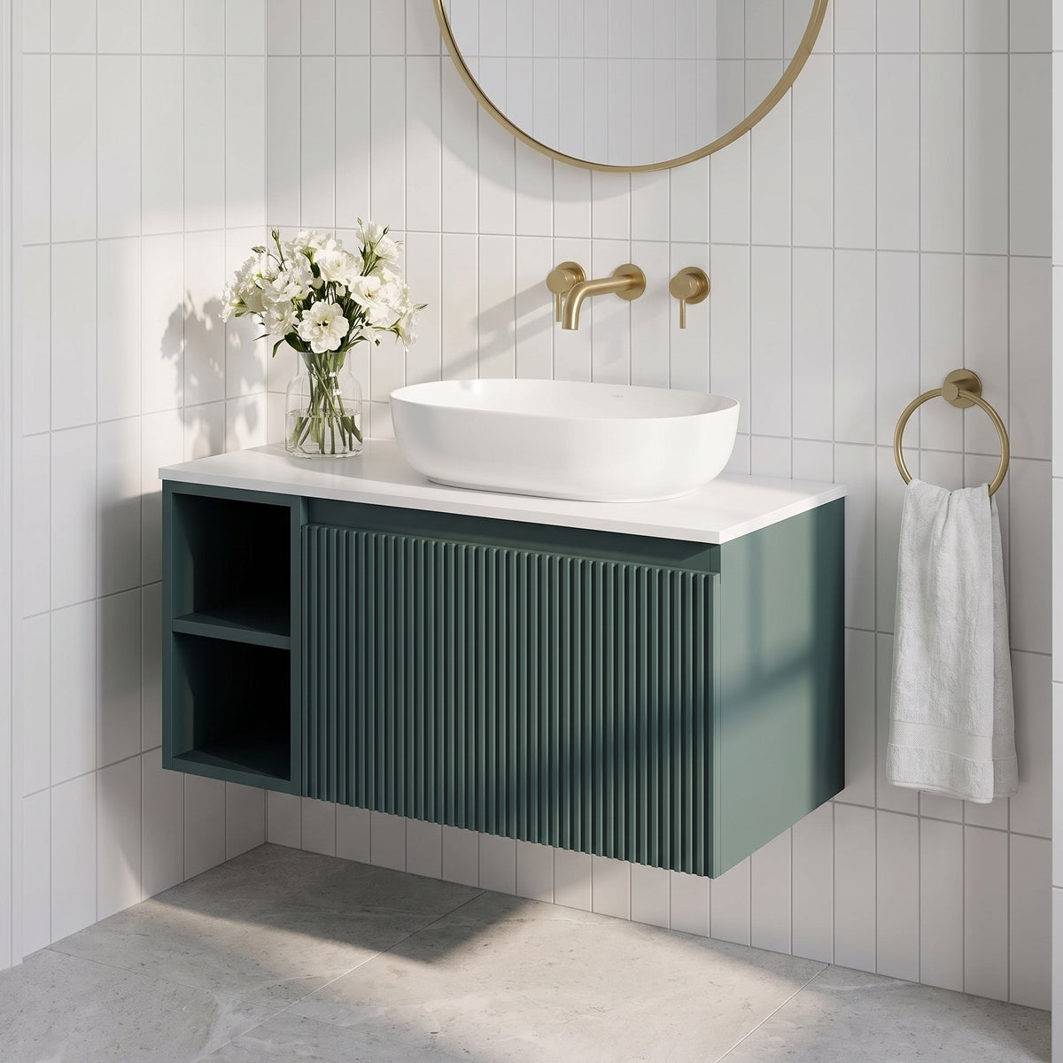 Fairford Sophia Smoked Sage 800mm Wall Hung Vanity Unit with Left Hand Storage and Worktop