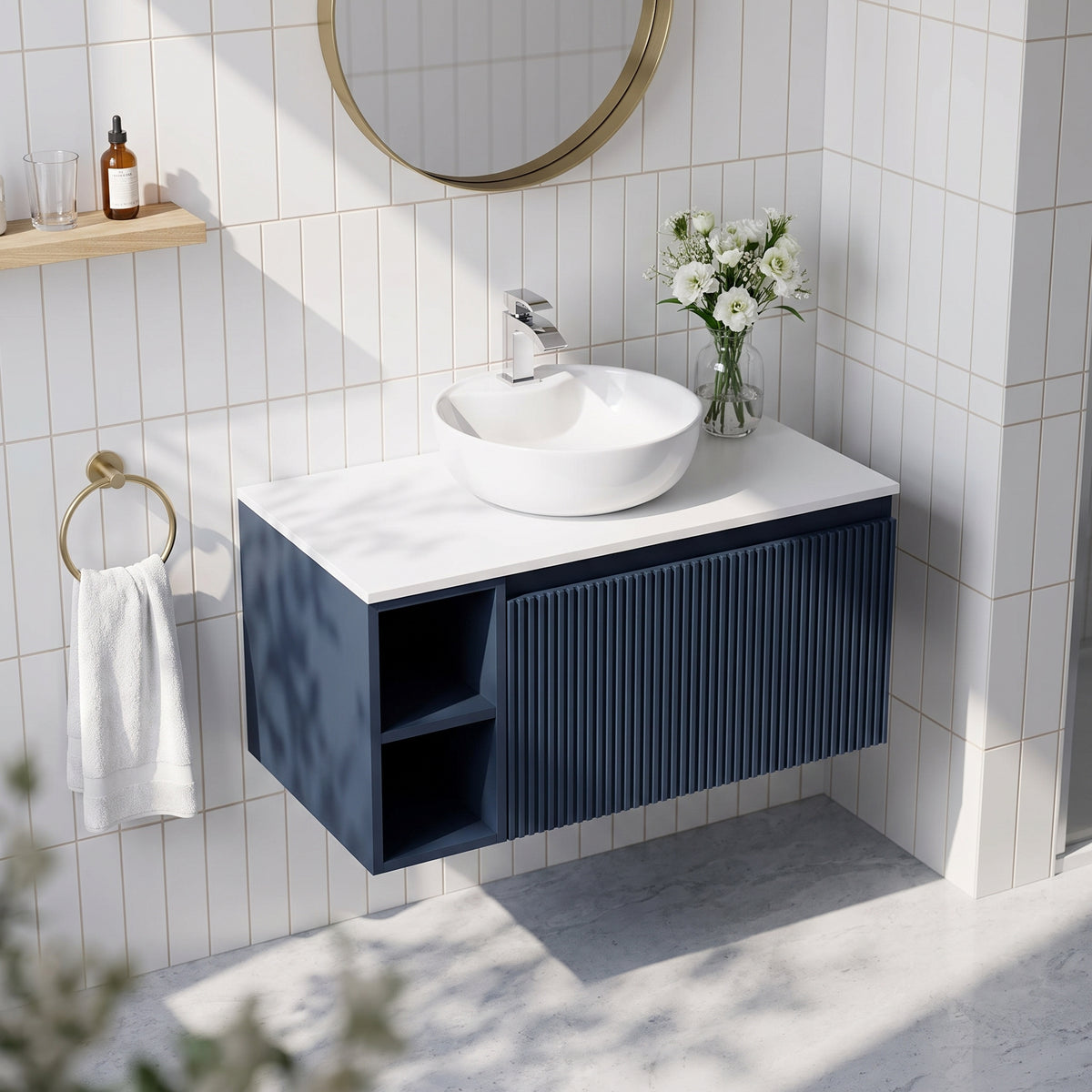 Fairford Sophia Midnight Shadow 800mm Wall Hung Vanity Unit with Left Hand Storage and Worktop