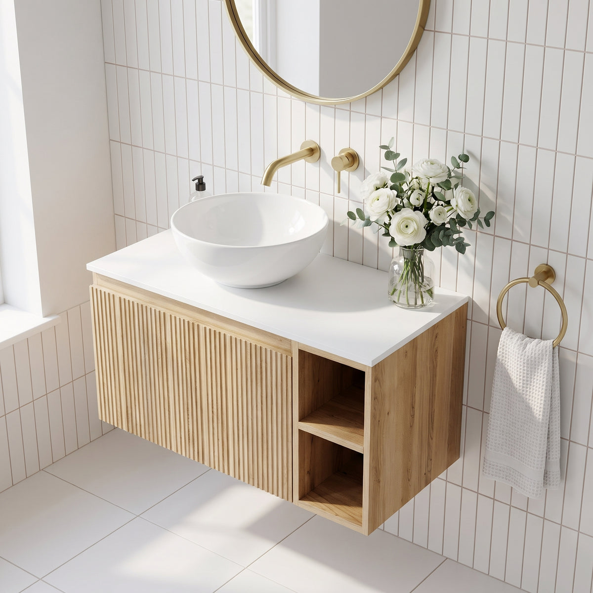 Fairford Sophia Country Oak 800mm Wall Hung Vanity Unit with Right Hand Storage and Worktop