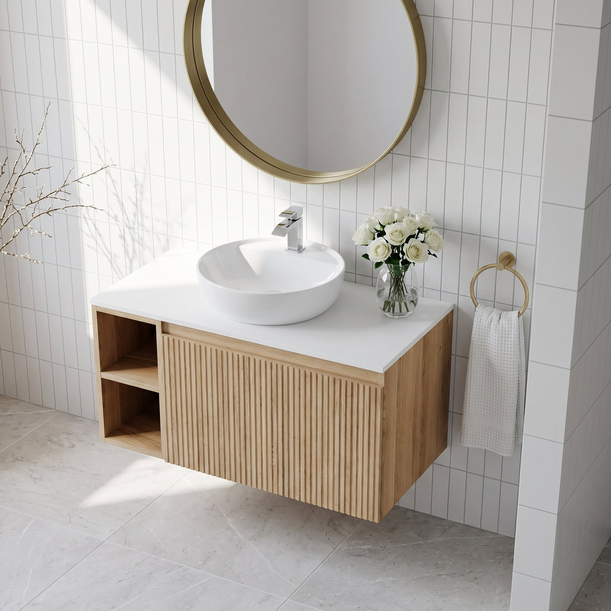 Fairford Sophia Country Oak 800mm Wall Hung Vanity Unit with Left Hand Storage and Worktop