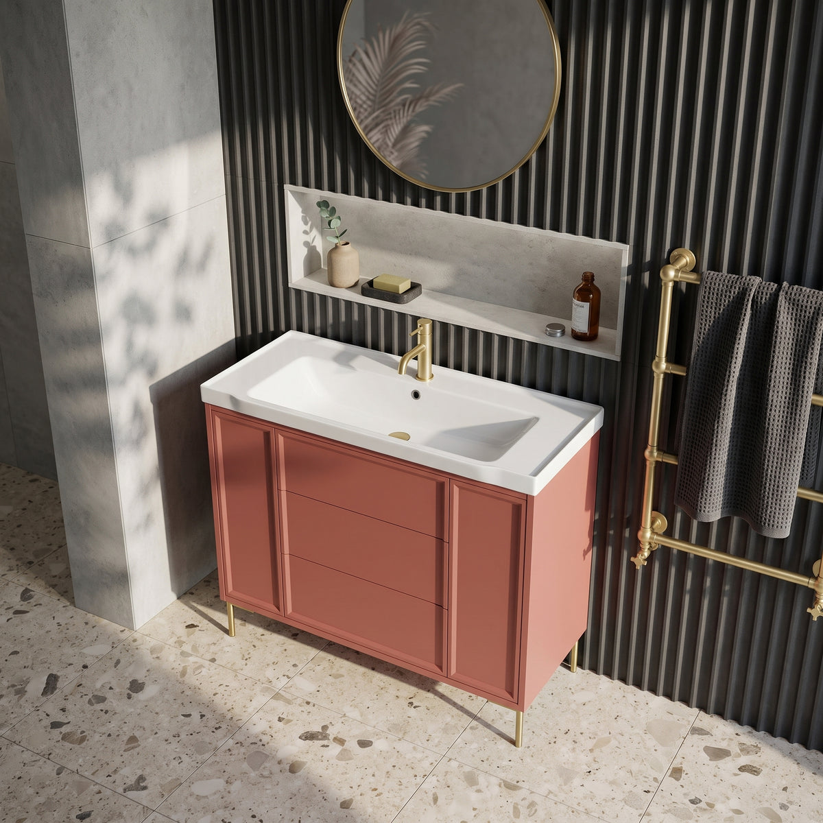Fairford Elan Dusk Red 1000mm Floorstanding Vanity Unit with Brushed Brass Legs