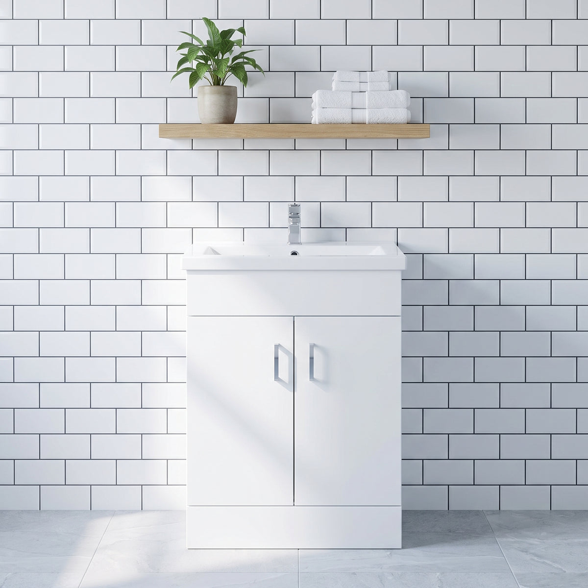 Fairford Kingsly Gloss White 600mm Floor Standing Vanity Unit — White Tile & Light Wood lifestyle