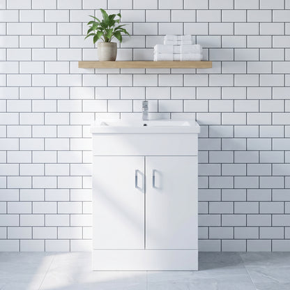 Fairford Kingsly Gloss White 600mm Floor Standing Vanity Unit — White Tile & Light Wood lifestyle