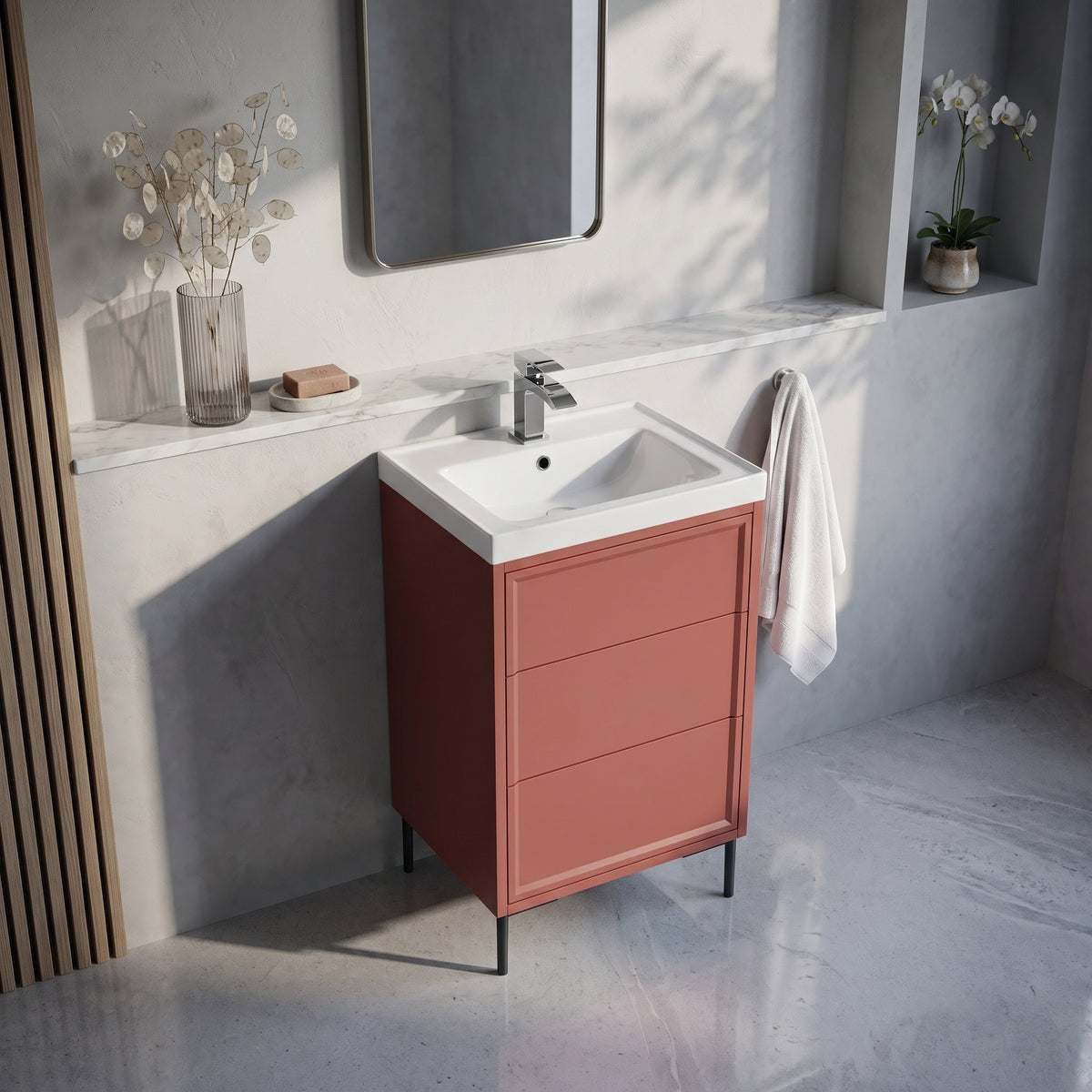 Fairford Elan Dusk Red 500mm Floorstanding Vanity Unit with Matt Black Legs