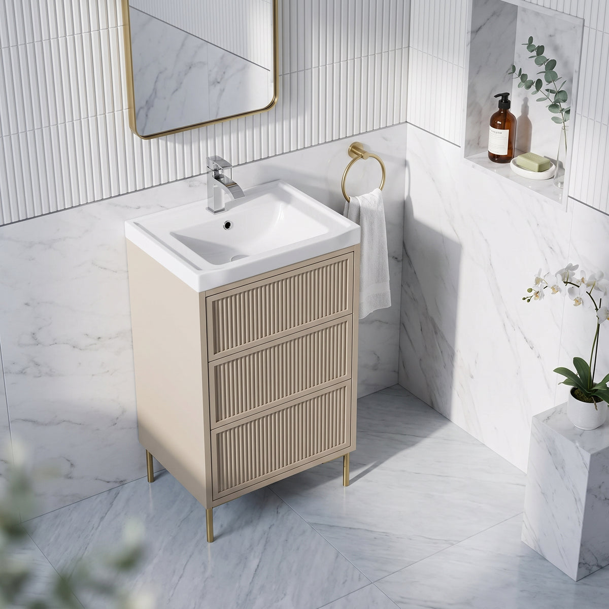 Fairford Elan Fluted Sandstone 500mm Floorstanding Vanity Unit with Brushed Brass Legs