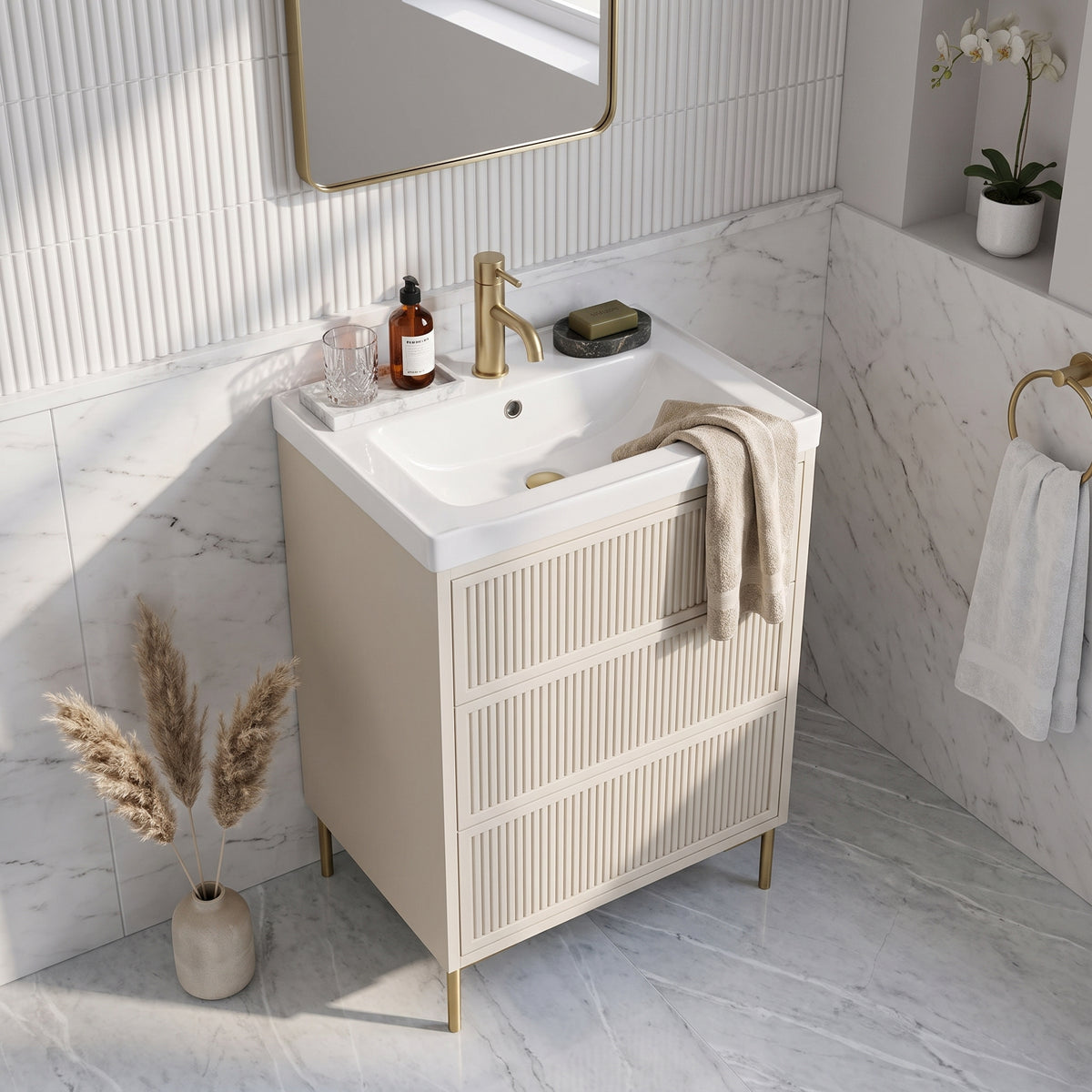 Fairford Elan Fluted Sandstone 600mm Floorstanding Vanity Unit with Brushed Brass Legs