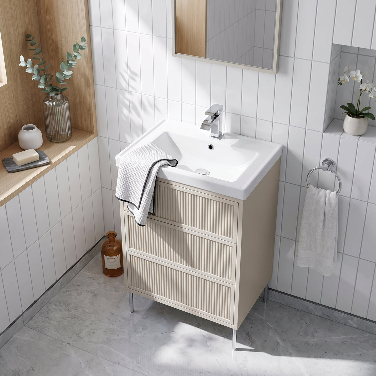 Fairford Elan Fluted Sandstone 600mm Floorstanding Vanity Unit with Chrome Legs