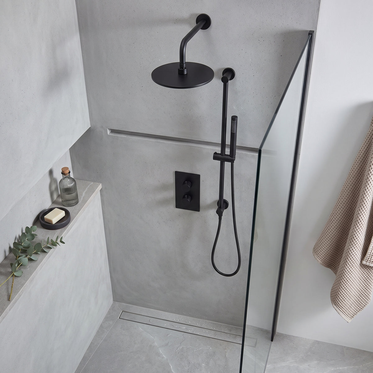 Fairford Element 7 Matt Black Concealed Shower Kit with Overhead, Handset and Overflow Filler