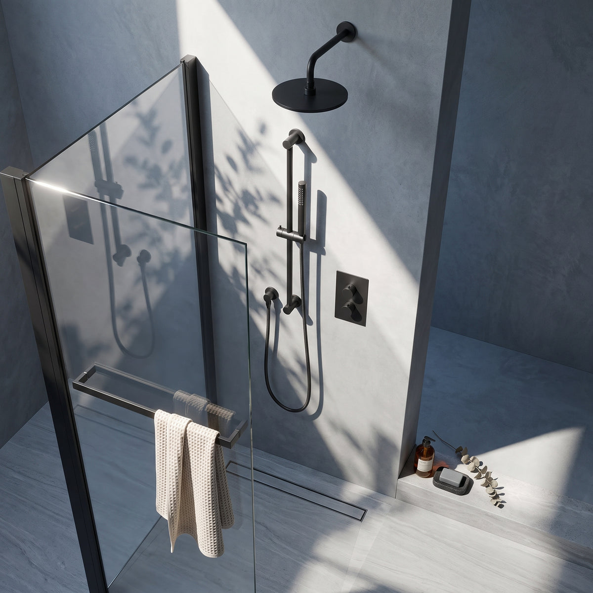 Fairford Element 7 Matt Black Concealed Shower Kit with Overhead, Slide Rail and Overflow Filler