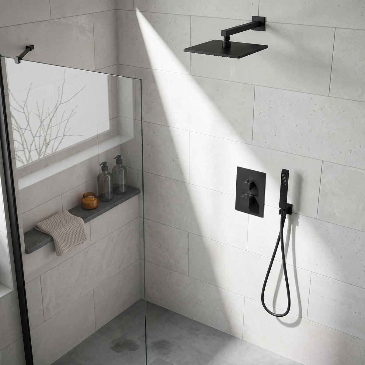 Fairford Una Matt Black Concealed Shower Kit with Overhead and Handset