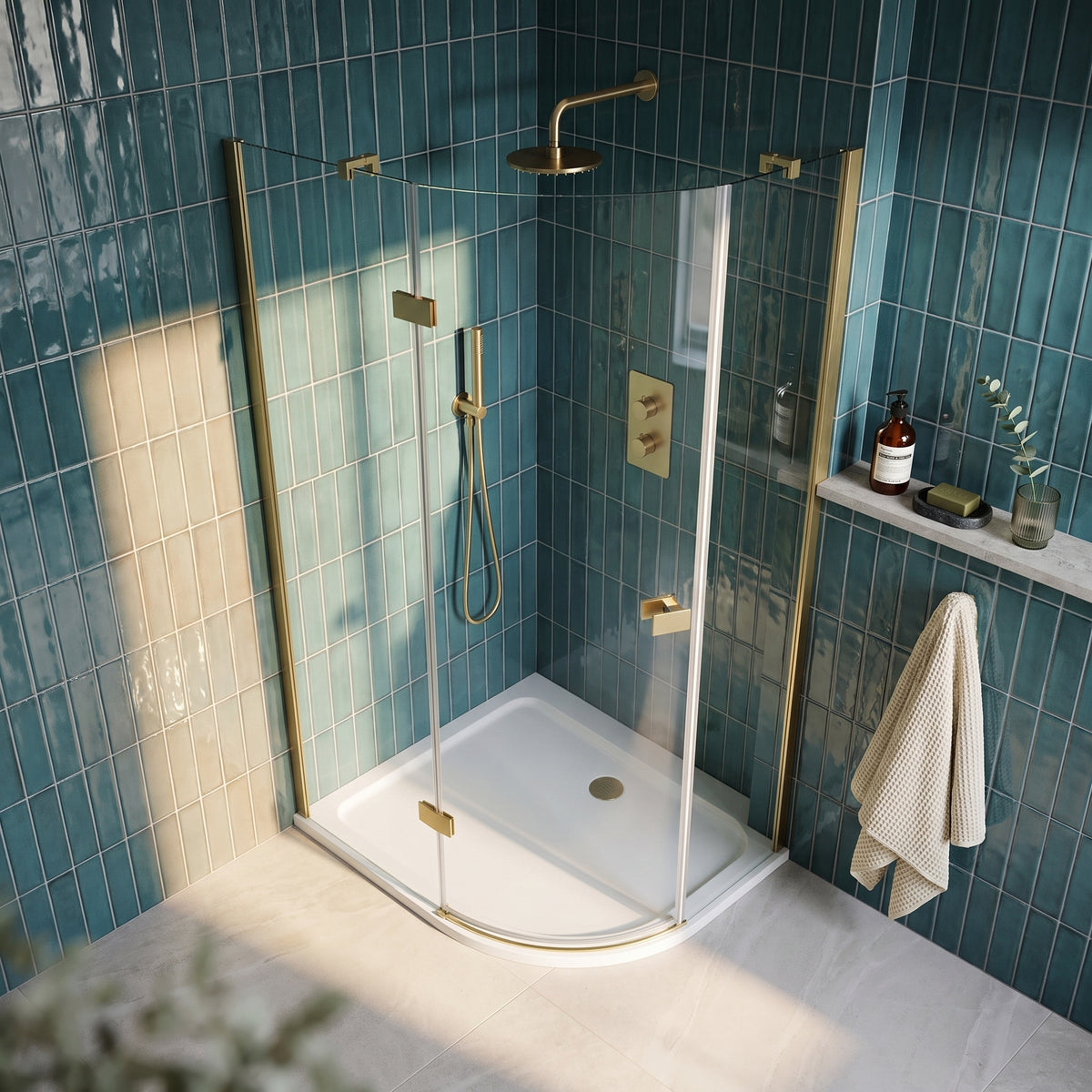 Fairford 8mm Frameless 1200 x 800mm Brushed Brass Offset Quadrant Enclosure